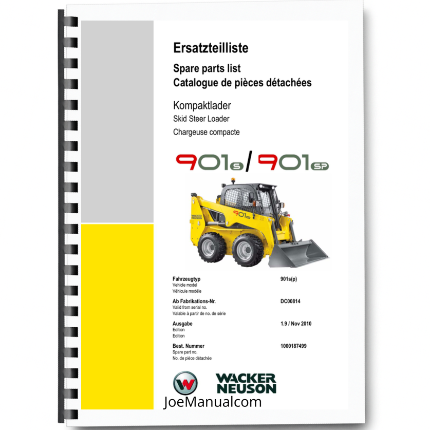 Wacker Neuson 901s 901sp Skid Steer Loader Parts Catalog SN from DC00814 v1.9 Printed Book