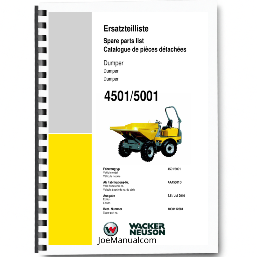 Wacker Neuson 4501 5001 Dumper Parts Catalog SN from AA45001D v3.5 Printed Book