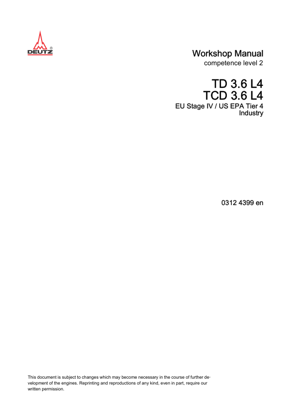 Deutz TD TCD 3.6 L4 EU Stage IV Tier 4 Engine lvl 2 Workshop Manual 03124399 - Image 2