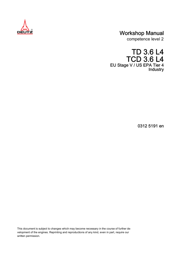 Deutz TD TCD 3.6 L4 EU Stage V Tier 4 Engine lvl 2 Workshop Manual 03125191 - Image 2