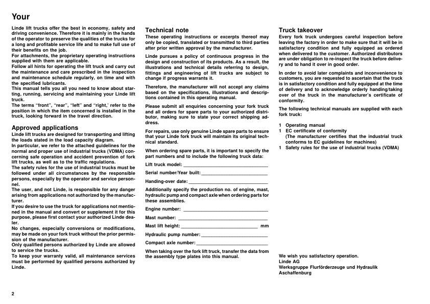 Linde H20-02 H25-02 H30-02 Type 351 Forklift Operators Manual - Image 3