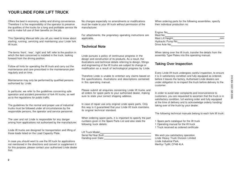 Linde S30 S40 S50 S60 Type 316 03 Forklift Operators Manual - Image 4