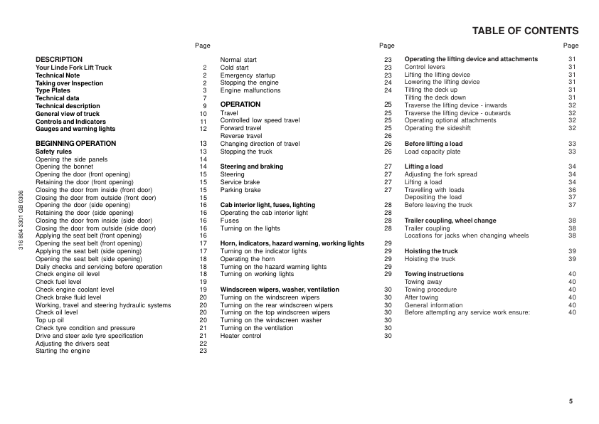 Linde S30 S40 S50 S60 Type 316 03 Forklift Operators Manual - Image 7