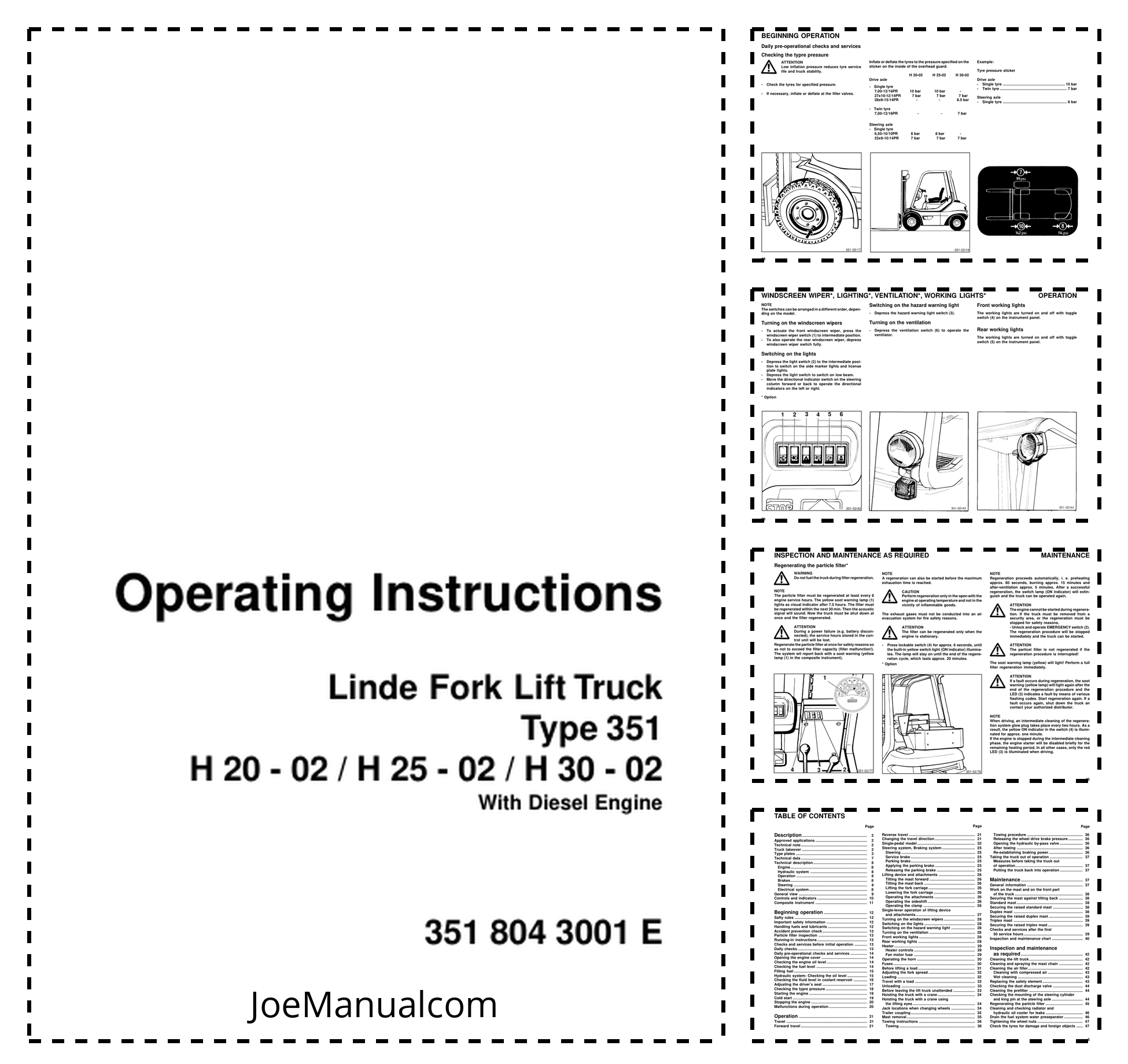 Linde H20-02 H25-02 H30-02 Type 351 Forklift Operators Manual