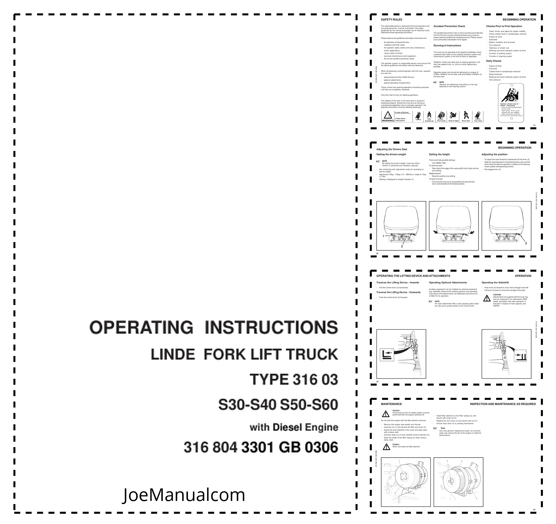 Linde S30 S40 S50 S60 Type 316 03 Forklift Operators Manual