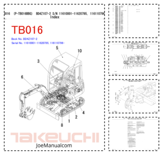 Takeuchi TB016 Excavator Parts Catalog SN 11610001-11620795, 116110796 and UP