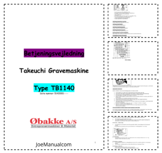 Takeuchi TB1140 Excavator Operators Manual SN 51420001 and UP NO