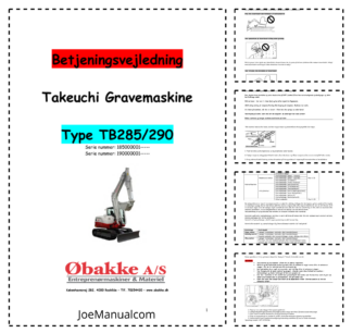 Takeuchi TB285 290 Excavator Operators Manual SN 185000001 190000001 and UP NO