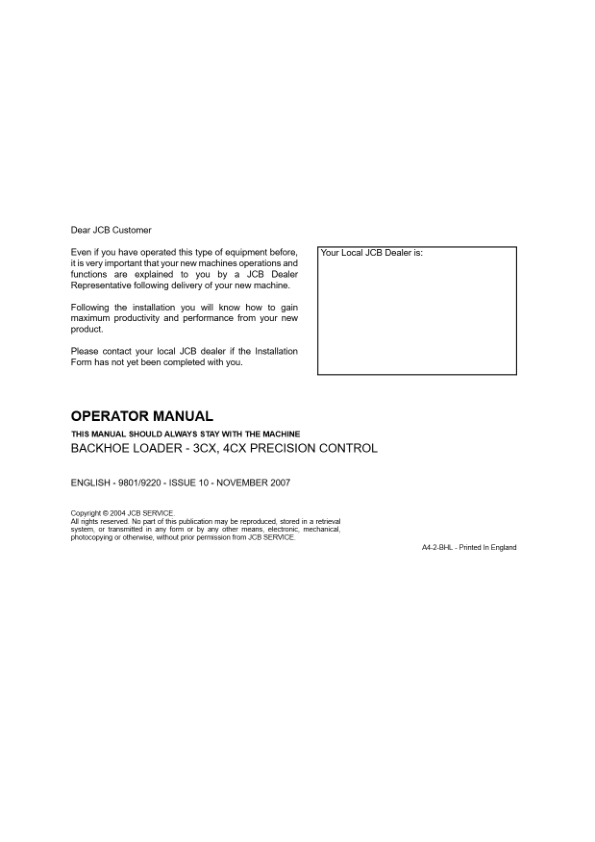 JCB 3CX 4CX Precision Control Backhoe Loader Operators Manual 9801/9220-10 - Image 2