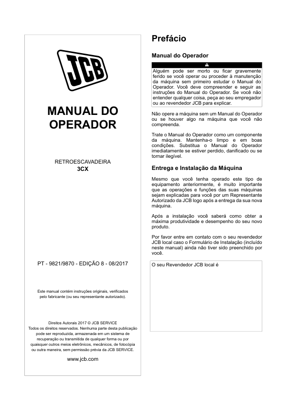 JCB 3CX Backhoe Loader Operators Manual 9821-9870-8 PT - Image 4