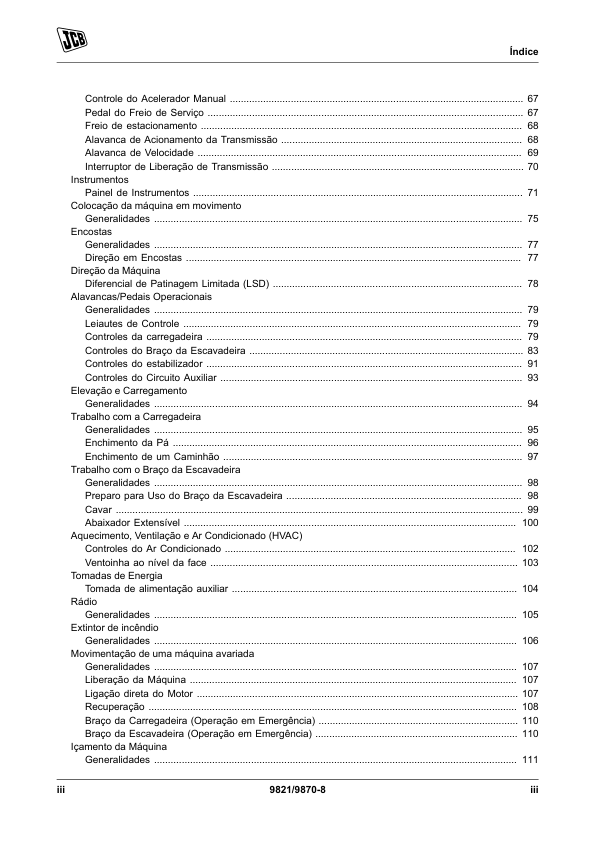 JCB 3CX Backhoe Loader Operators Manual 9821-9870-8 PT - Image 7