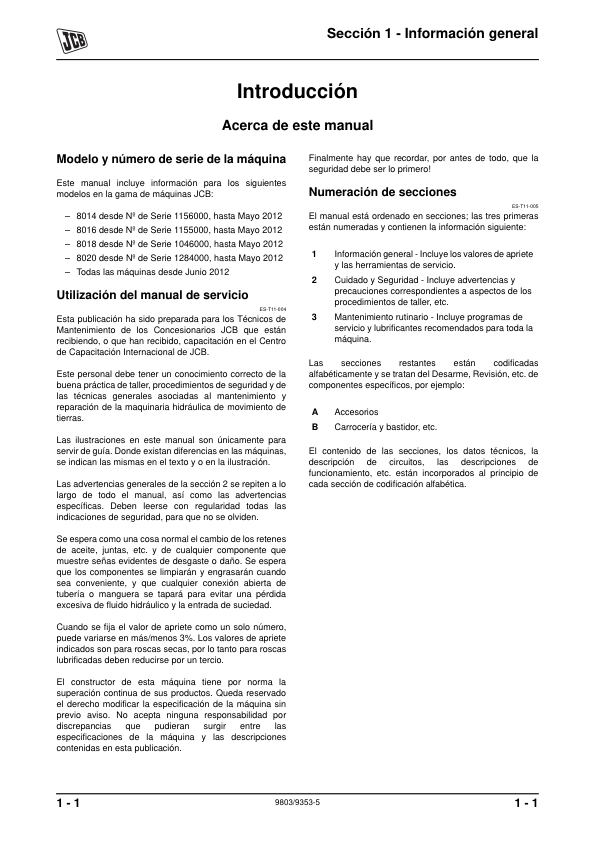 JCB 8014 8016 8018 8020 Excavator Service Manual 9803-9353-5 ES - Image 7