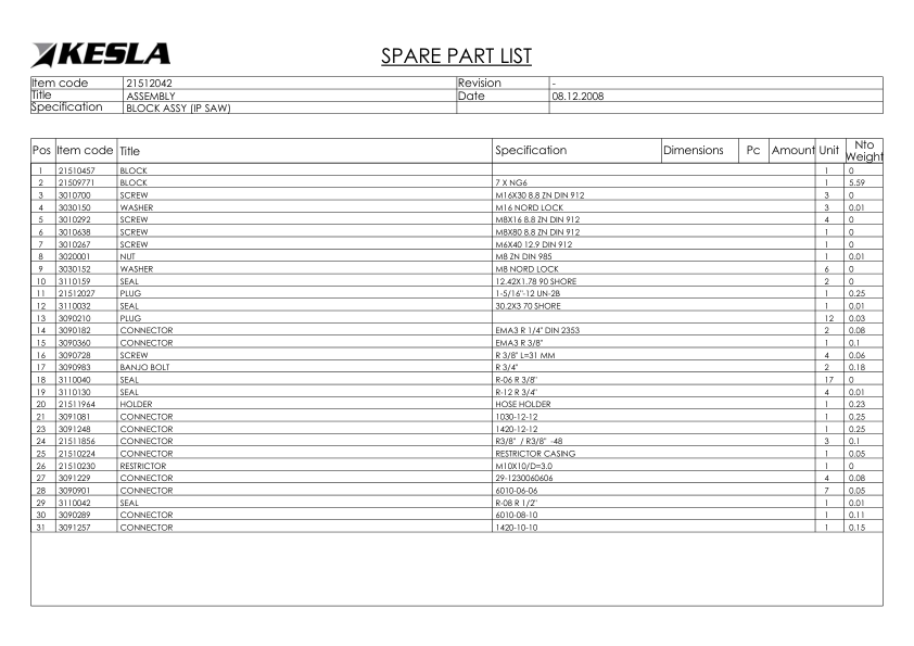 KESLA 28 30 RH RHS Processing Head Parts Catalog - Image 7