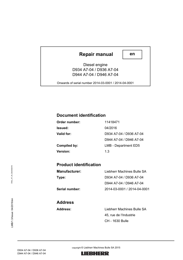 Liebherr D934 D936 D944 D946 A7-04 Engine Repair Manual SN 214-03-0001 to 2014-04-0001 - Image 6