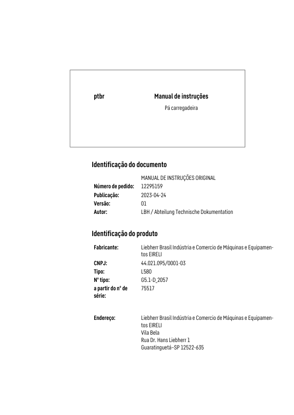 Liebherr L580 G5.1 D 2057 Wheel Loader Operators Manual SN 75517 PT - Image 2