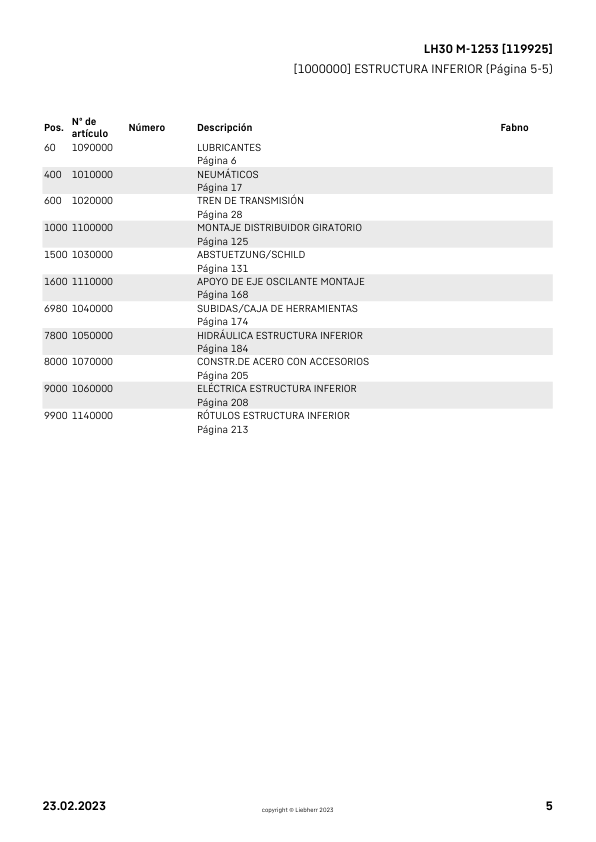 Liebherr LH 30 M-1253 Material Handler Parts Catalog SN 119925 - Image 5