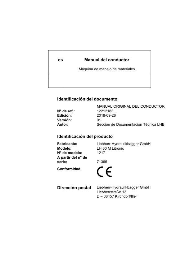 Liebherr LH 60M Litronic 1217 Material Handler Operators Manual SN 71365 ES - Image 2