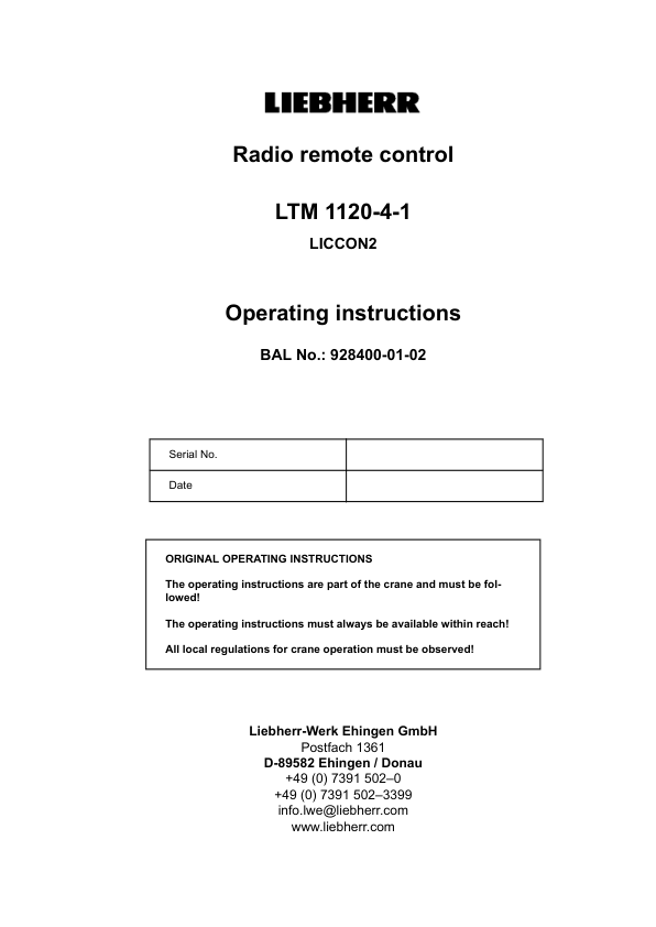 Liebherr LICCON 2 LTM 1120 4.1 Crane Radio Remote Control Operators Manual - Image 2