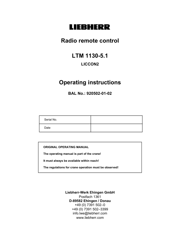 Liebherr LICCON 2 LTM 1130-5.1 Crane Radio Remote Control Operators Manual - Image 2