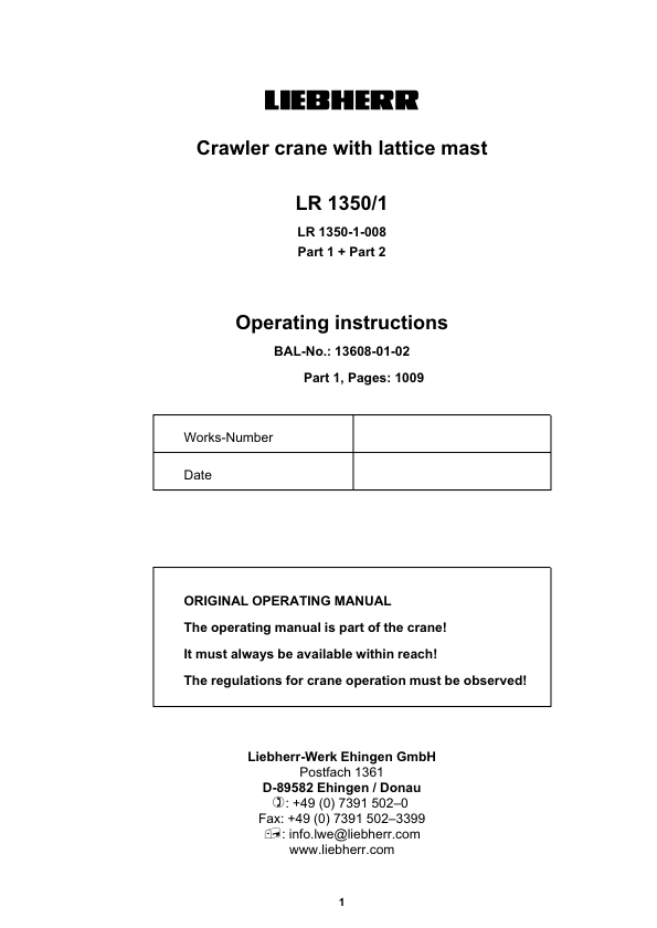 Liebherr LR 1350-1 Crawler Crane Operators Manual - Image 2