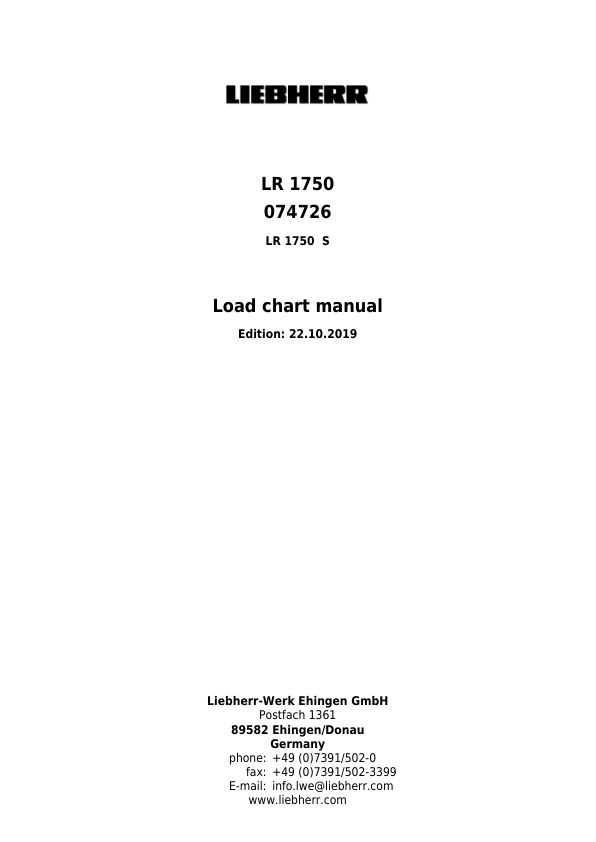 Liebherr LR 1750S Crane Load Chart Operators Manual SN 074726 - Image 2