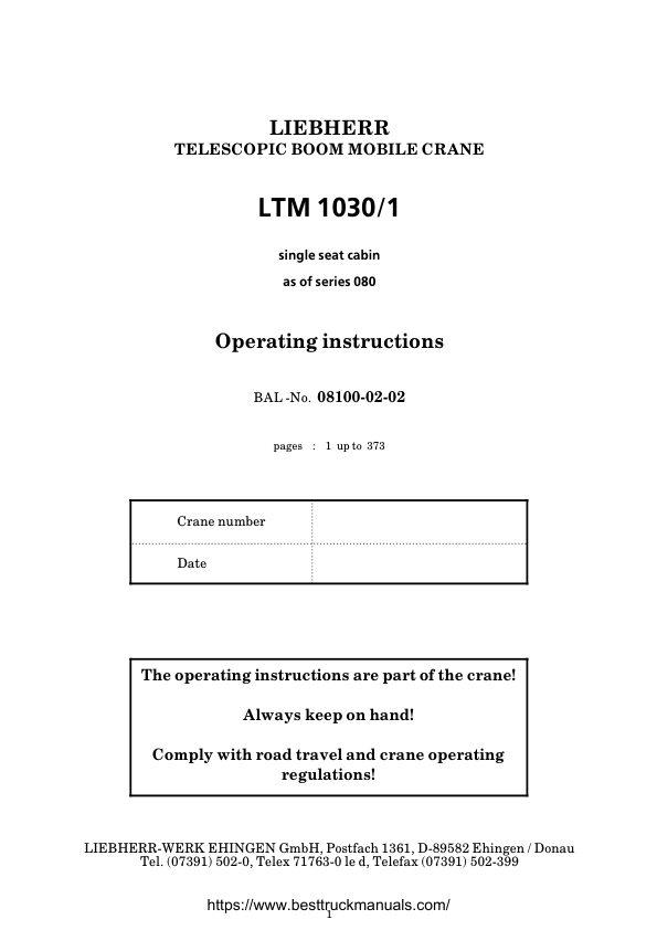 Liebherr LTM 1030-1 080 Series Crane Operators Manual - Image 2