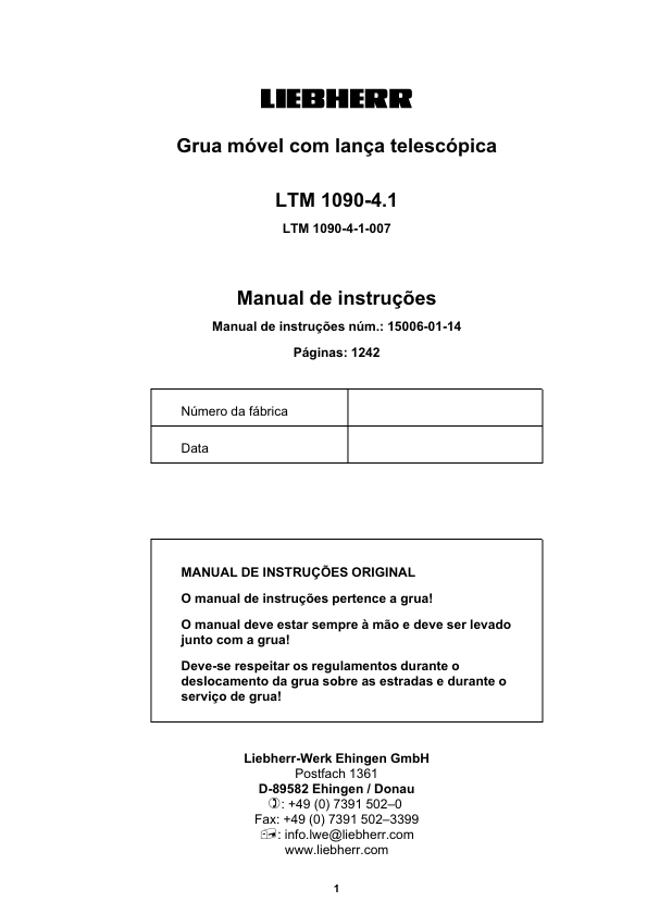 Liebherr LTM 1090-4.1 Crane Operators Manual PT v15006-01-14 - Image 2