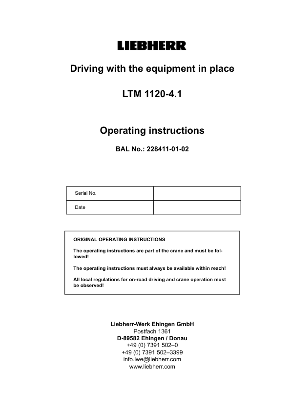 Liebherr LTM 1120-4.1 Crane Driving With The Equipment in Place Operators Manual - Image 2