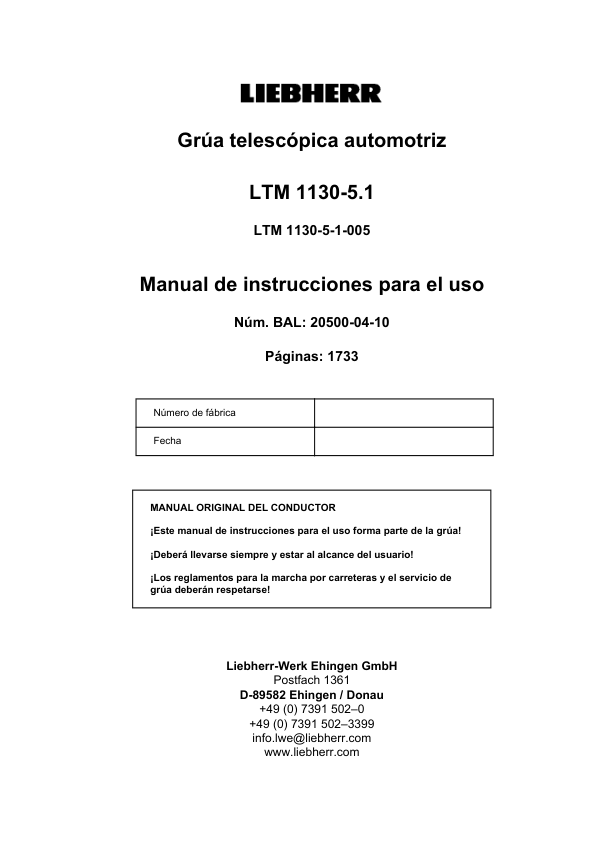Liebherr TM 1130 5.1 Crane Operators Manual ES - Image 2