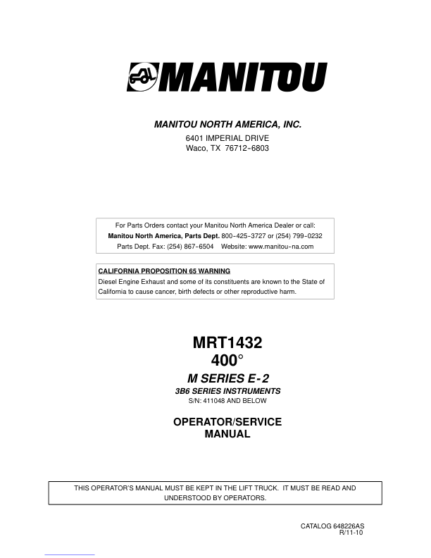 Manitou MRT 1432 M Series E-2 Telehandler Operators and Service Manual SN 411048 and Below - Image 2