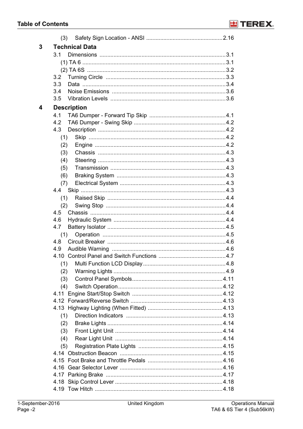 TEREX TA6 TA6S Tier 4 56kW Dumper Operators Manual 2017 - Image 5