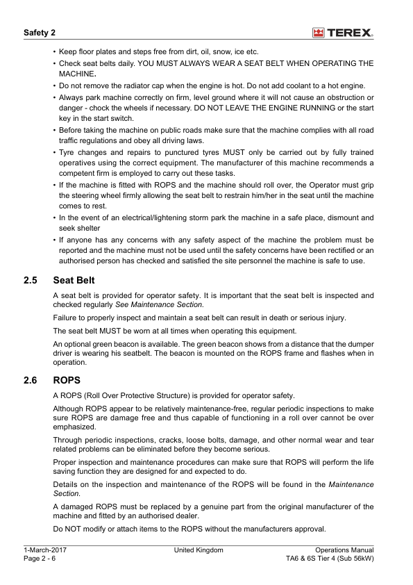 TEREX TA6 TA6S Tier 4 56kW Dumper Operators Manual 2017 - Image 11