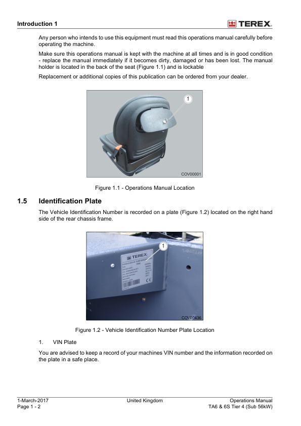 TEREX TA6 TA6S Tier 4 56kW Dumper Operators Manual 2017 - Image 9
