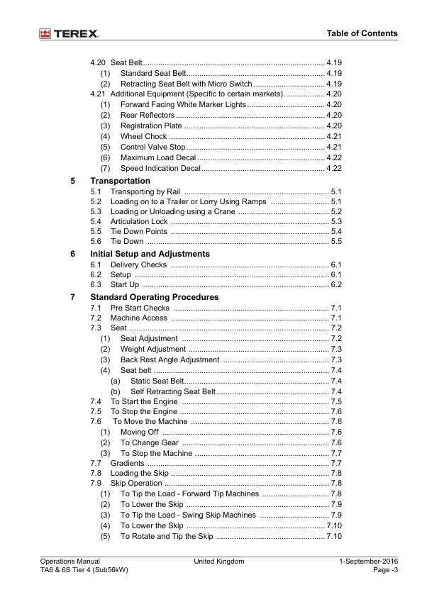 TEREX TA6 TA6S Tier 4 56kW Dumper Operators Manual 2017 - Image 6