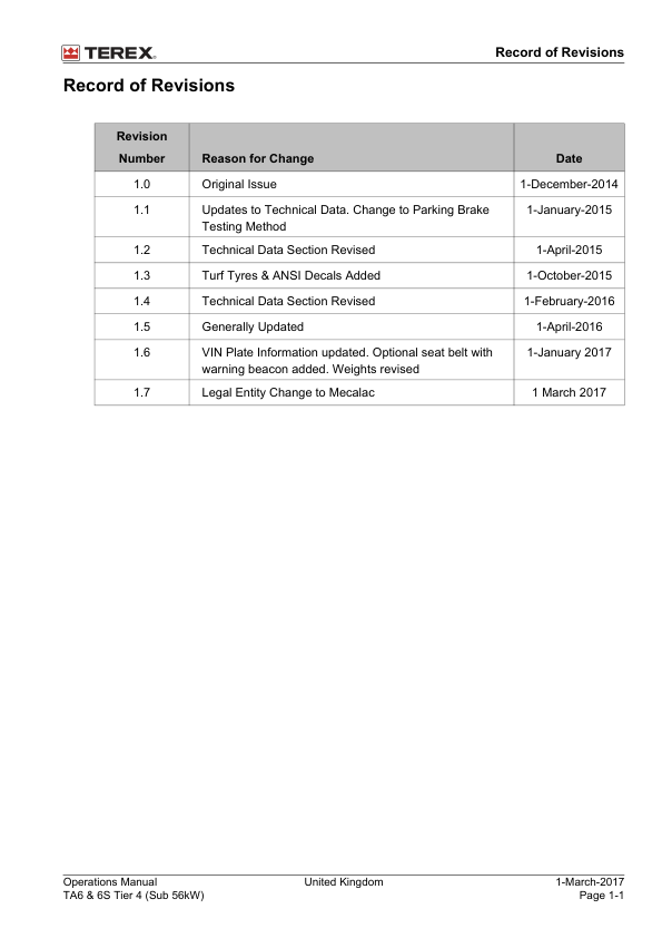 TEREX TA6 TA6S Tier 4 56kW Dumper Operators Manual 2017 - Image 3
