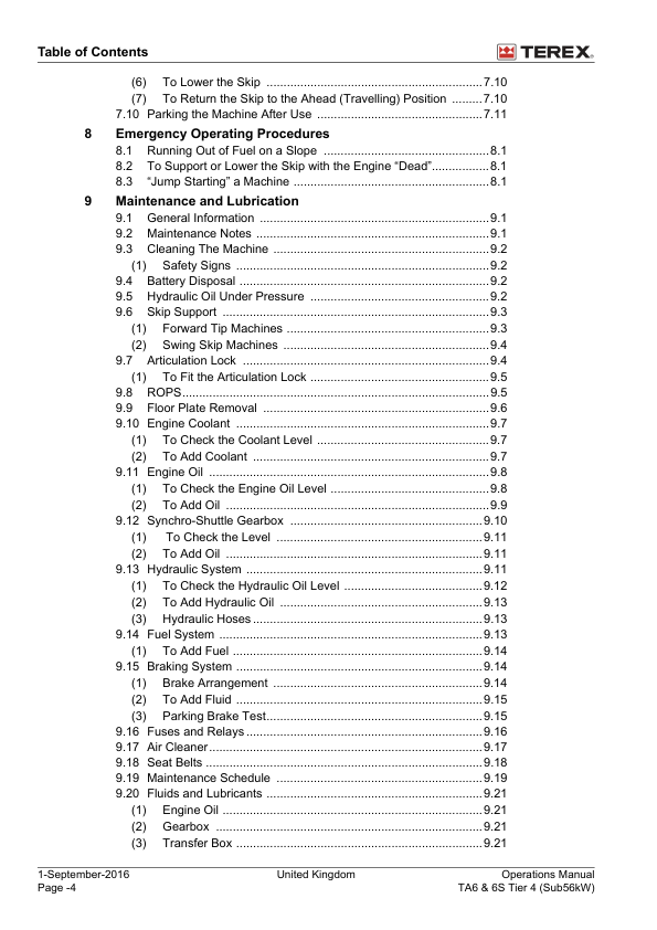 TEREX TA6 TA6S Tier 4 56kW Dumper Operators Manual 2017 - Image 7