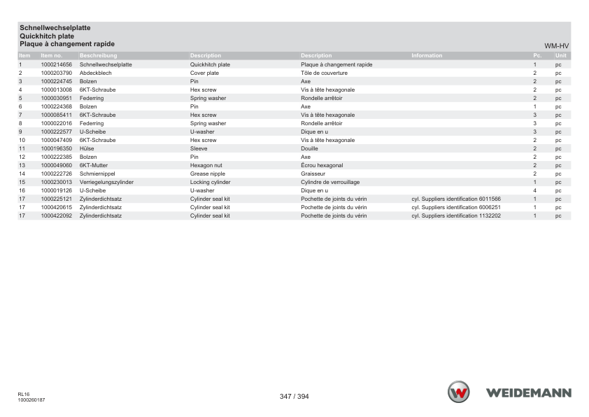Weidemann 1140CX30 Wheel Loader Parts Catalog SN -3017996 v1.0 DE EN FR - Image 9