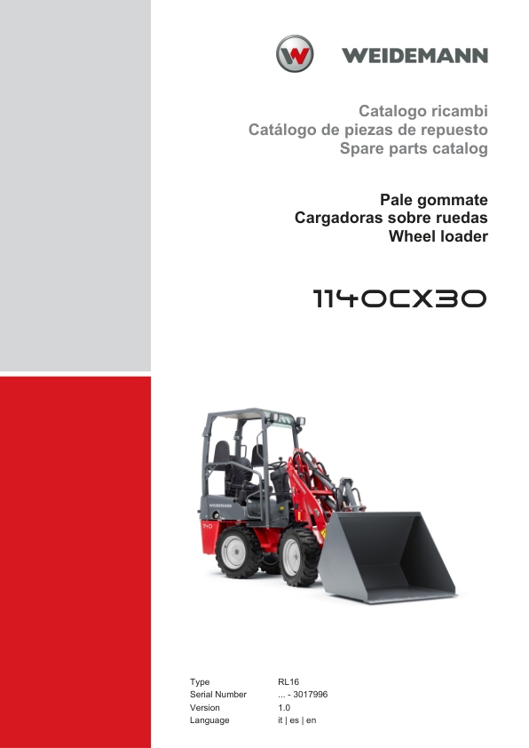 Weidemann 1140CX30 Wheel Loader Parts Catalog SN -3017996 v1.0 IT ES EN - Image 2