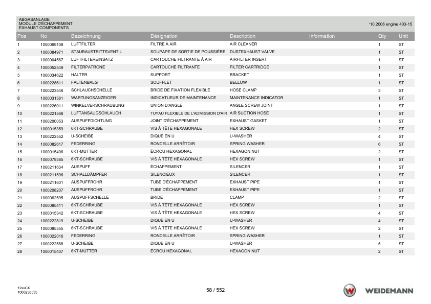 Weidemann 1230CX35 Wheel Loader Parts Catalog v1.0 DE FR EN - Image 16