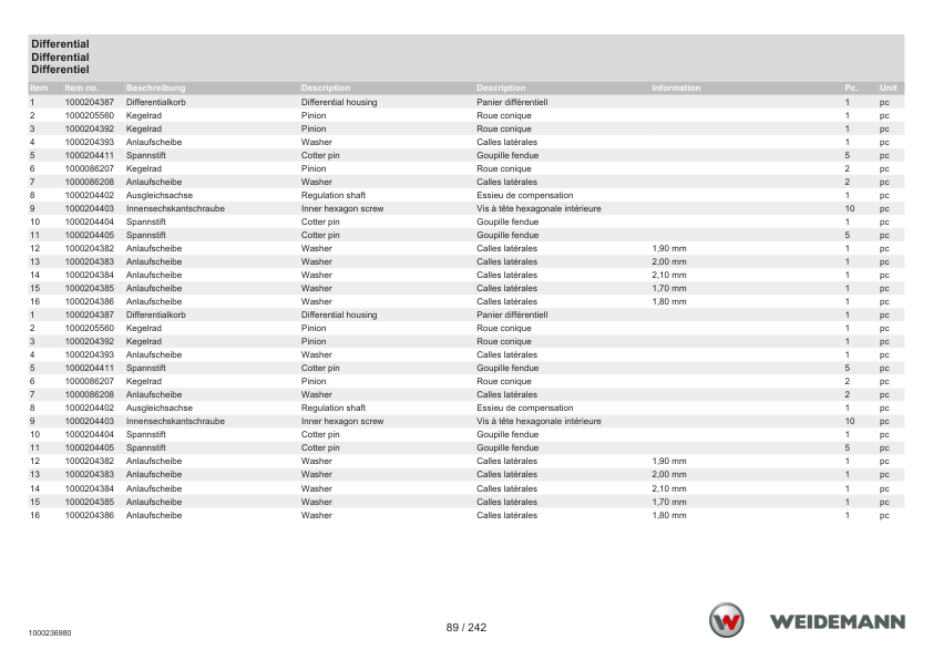Weidemann 2070CX80 T Tele Wheel Loader Parts Catalog SN -05.2008 DE EN FR - Image 13