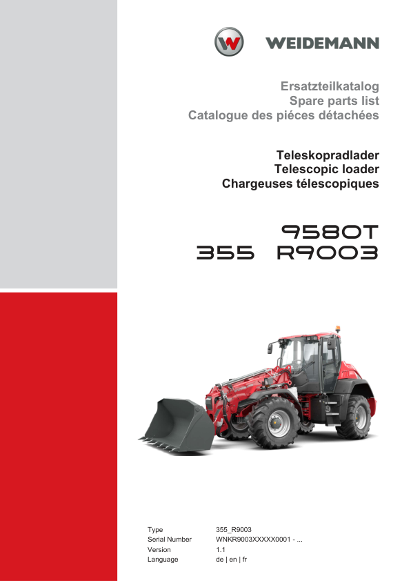 Weidemann 9580T 355 R9003 Telescopic Loader Parts Catalog v1.1 SN WNKR9003XXXX0001- DE EN FR - Image 2