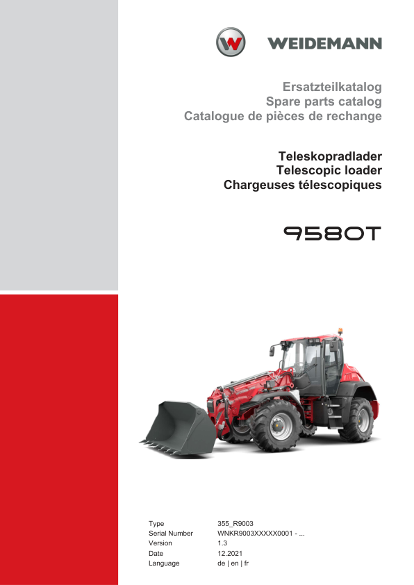 Weidemann 9580T Telescopic Loader Parts Catalog v1.3 SN WNKR9003XXXX0001- DE EN FR - Image 2
