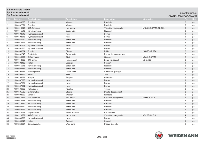 Weidemann 9580T Telescopic Loader Parts Catalog v1.3 SN WNKR9003XXXX0001- DE EN FR - Image 8