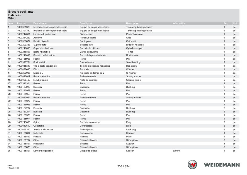 Weidemann T4512CC35 Telehandler Parts Catalog SN 04.2012 v1.0 IT ES EN - Image 8