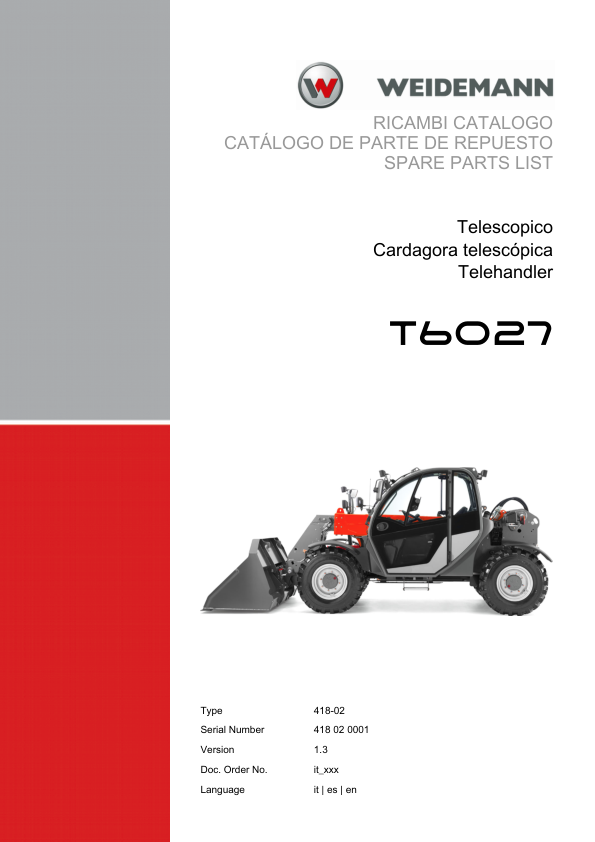 Weidemann T6027 Telehandler Parts Catalog SN 418020001 v1.3 IT ES EN - Image 2