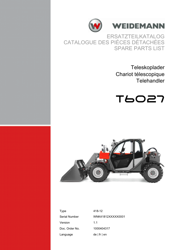 Weidemann T6027 Telehandler Parts Catalog SN WNK41812xxxxx0001 v1.1 DE FR EN - Image 2
