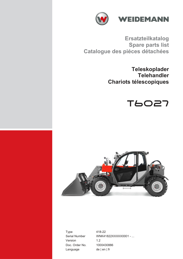 Weidemann T6027 Telehandler Parts Catalog SN WNK41822XXXX0001- v1.2 DE EN FR - Image 2