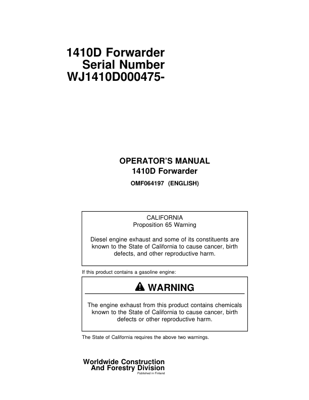 John Deere 1410D Forwarder Operators Manual OMF064197 SN WJ141D000475 and UP - Image 2