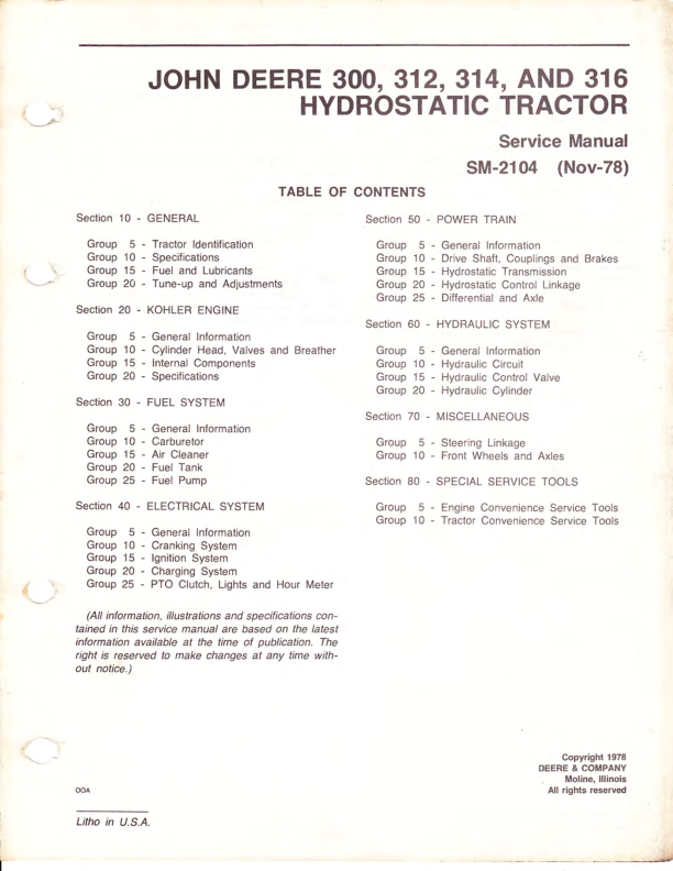 John Deere 300 312 314 316 Tractor Service Manual SM2104 - Image 2