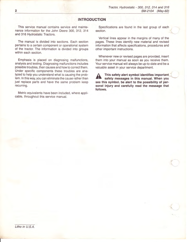 John Deere 300 312 314 316 Tractor Service Manual SM2104 - Image 5